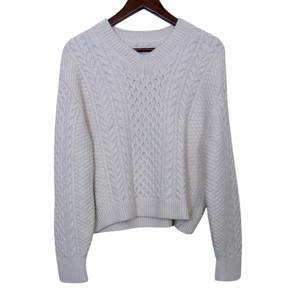 DÔEN Aleah Cable-Knit V-Neck Pullover Sweater Ivory Cream Women's Size M